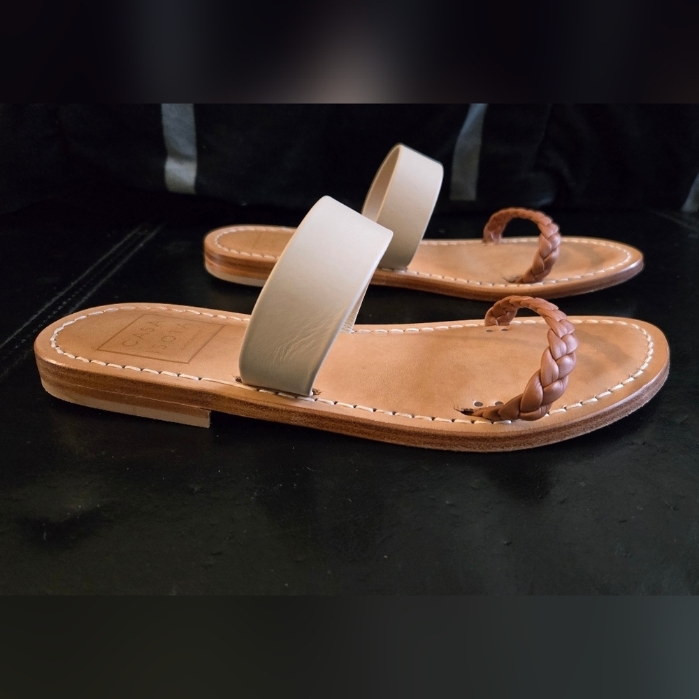 Casa Isota Capri Sandals Braided Italian Leather Sole White Brown Tan - Picture 3 of 8
